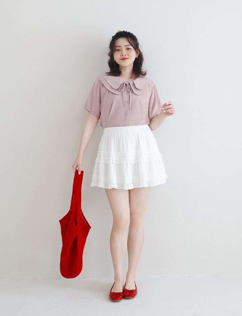 Double Layer Collar Tie Puff Sleeve Plus Size Blouse