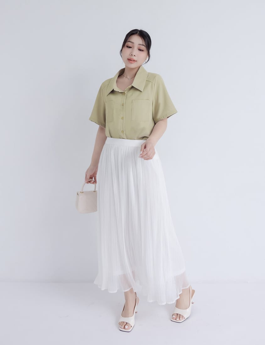 MISS. Drop Shoulder Stitching Double Pocket Plus Size Short Sleeve Shirt