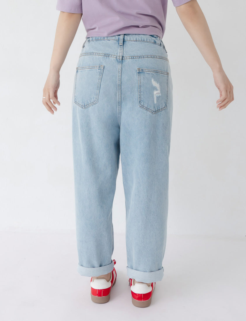 Distressed Side Elastic Waist Plus Size Boyfriend Jeans