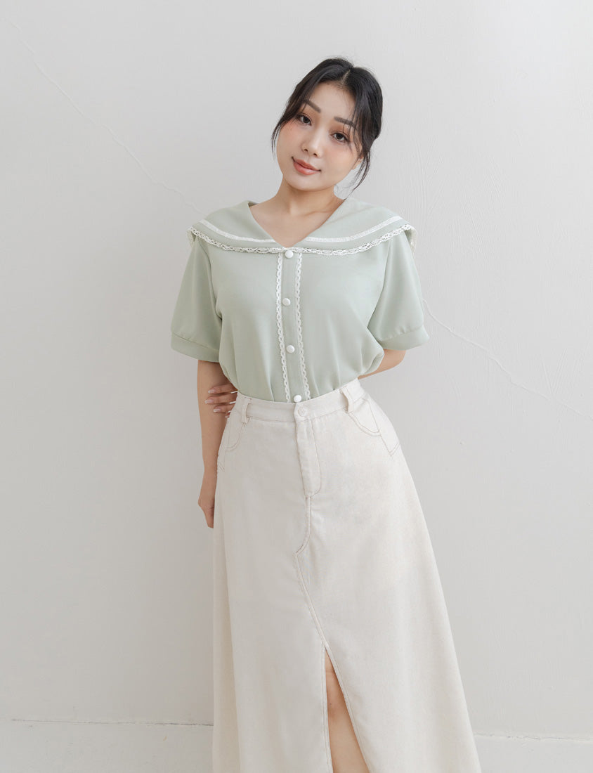 Space Cotton Sailor Collar Plus Size Lace Top