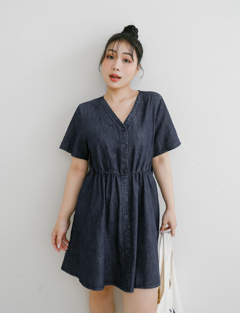 V-Neck Lightweight Denim Elastic Waist Button Plus Size Mini Dress