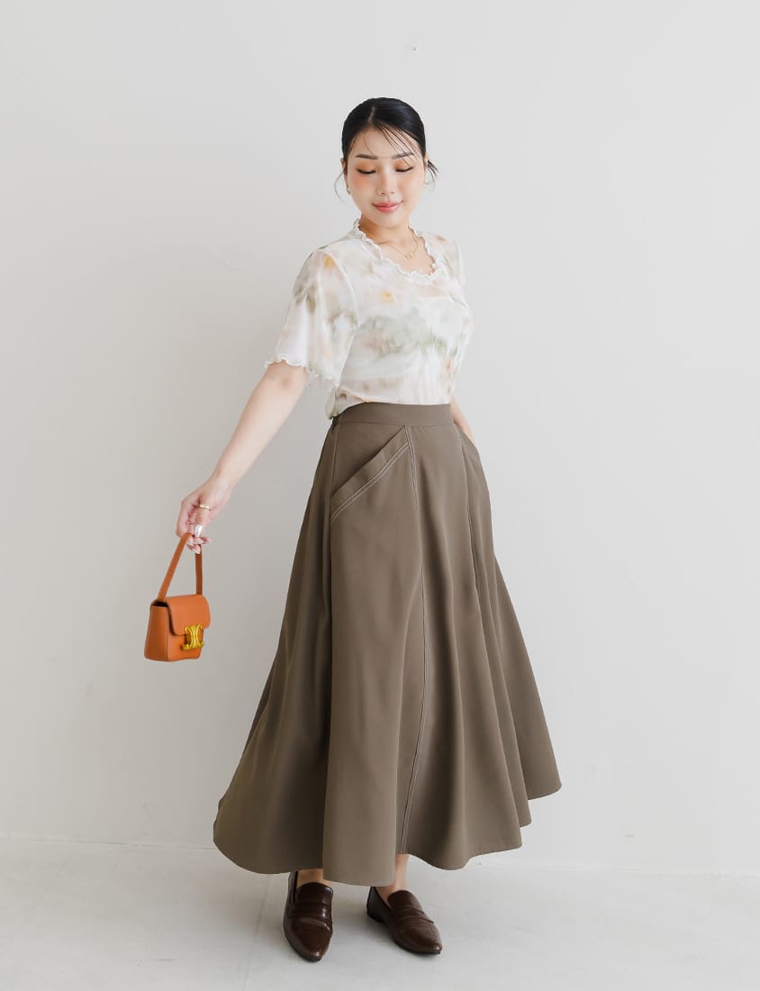 MISS. Contrast Stitch A-Line Back Elastic Waist Plus Size Maxi Skirt