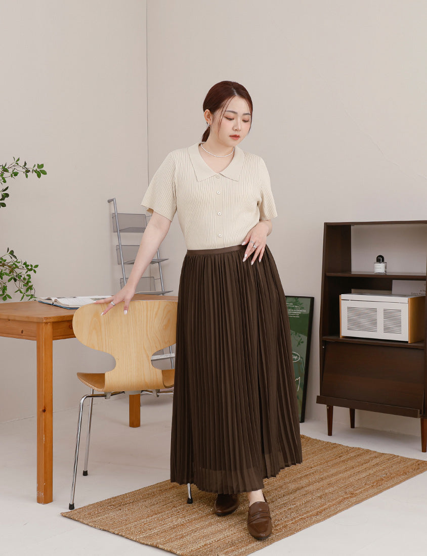 MISS. Elegant Fine-Pleated Double Layer Sheer Plus Size Maxi Skirt