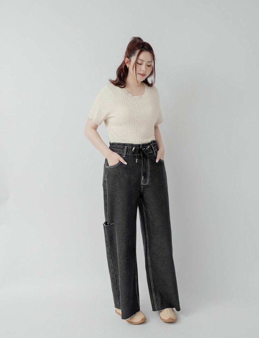 Edgy Contrast Drawstring Plus Size Distressed Jeans