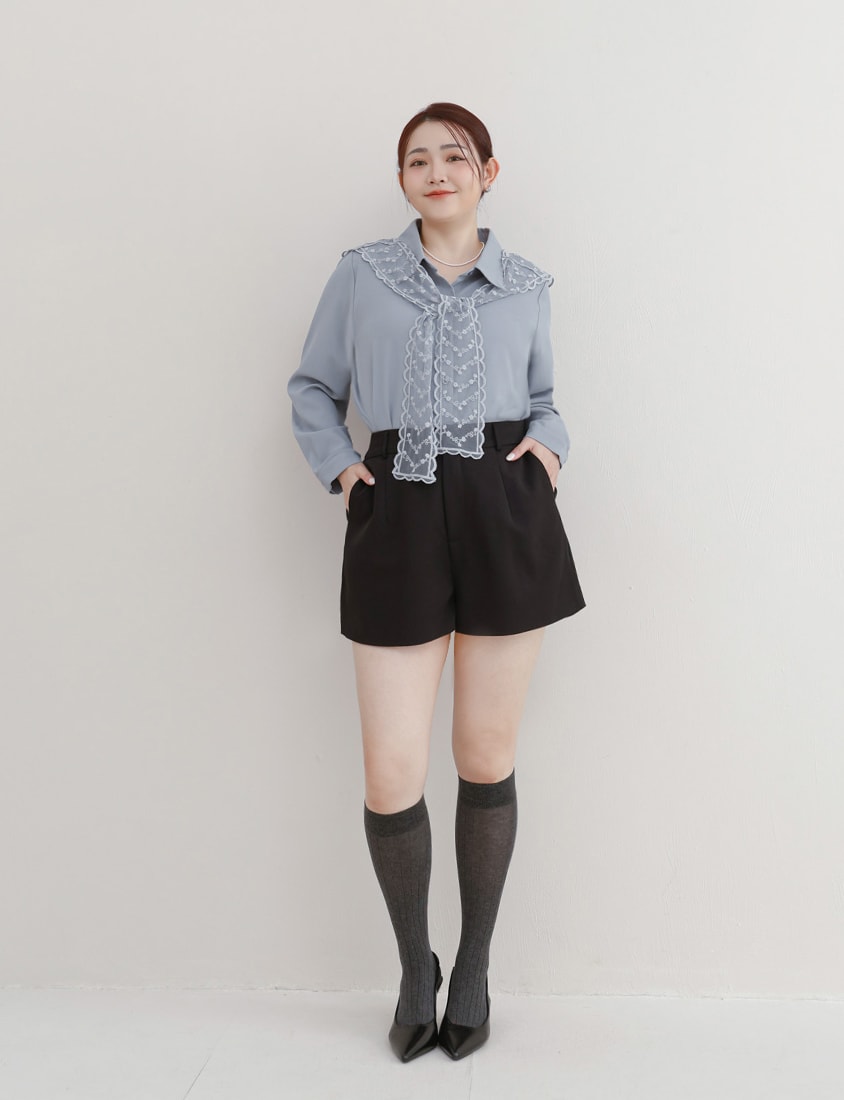 MISS. Two Piece Korean Style Lace Chiffon Plus Size Blouse (With Shawl)