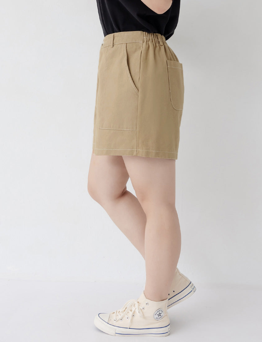 Twill Contrast Stitch High Waist Plus Size Shorts
