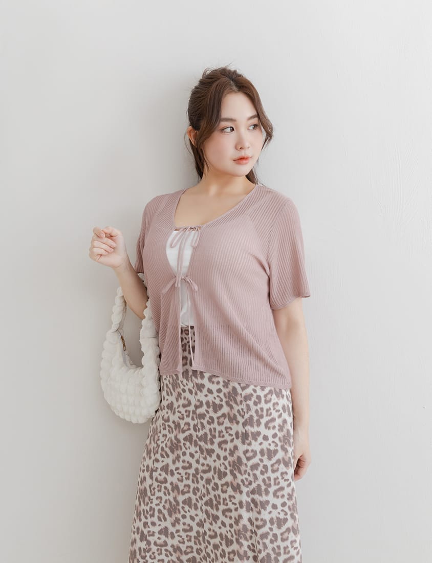 Front Tie Sheer Hollow Plus Size Knit Cardigan