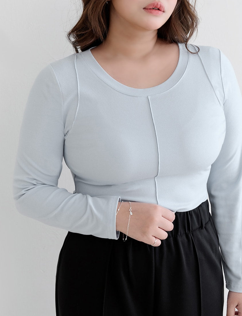 Crewneck 3D Pleated Plus Size Long Sleeve Tee