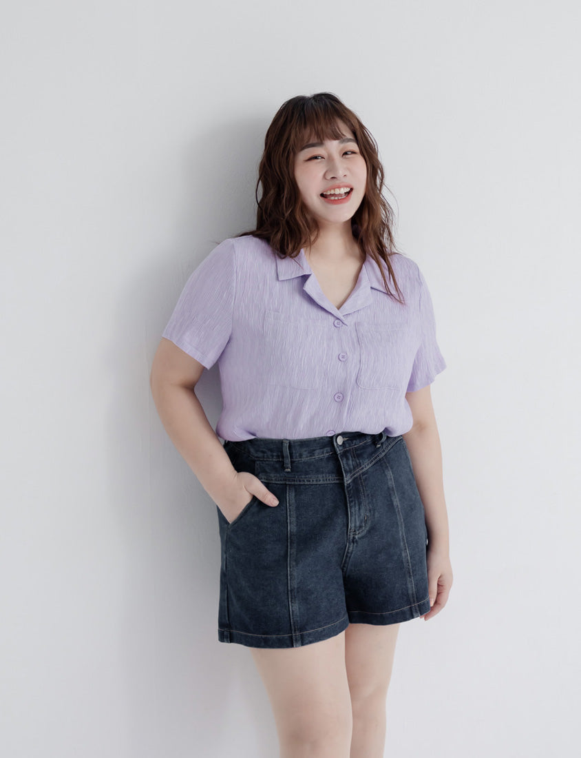 Cuban Collar Crinkled Texture Large Pocket Plus Size Shirt