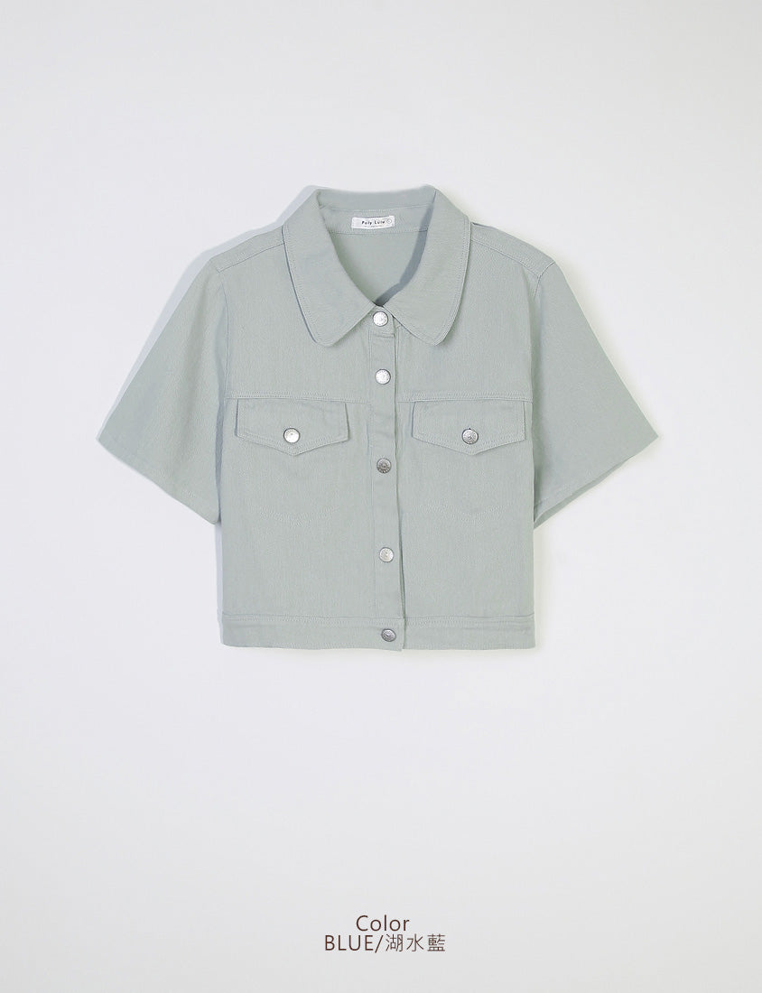 Korean Style Twill Button-Down Plus Size Short Sleeve Jacket