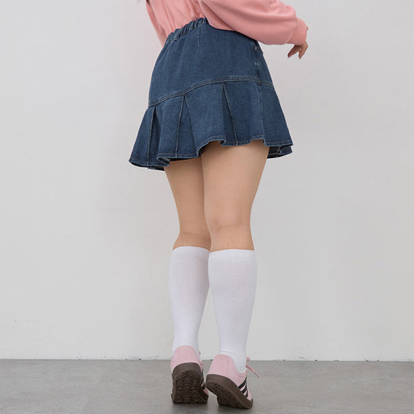 Vintage Washed Pleated Plus Size Denim Skort (With Pants)