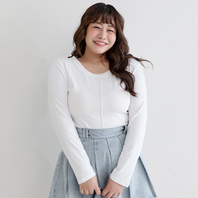 Crewneck 3D Pleated Plus Size Long Sleeve Tee