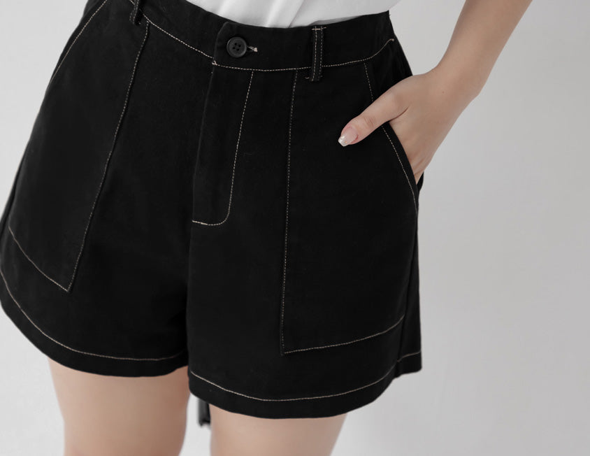 Twill Contrast Stitch High Waist Plus Size Shorts