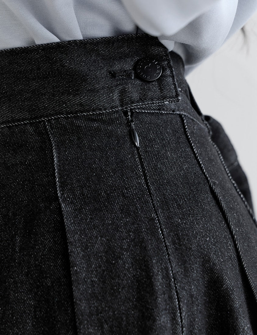 Playful Pleated Denim Mini Skirt (with Button)