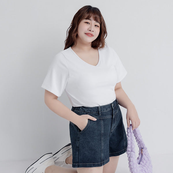 Pobra. Airy Ribbed V-Neck Short Sleeve Plus Size Bratop