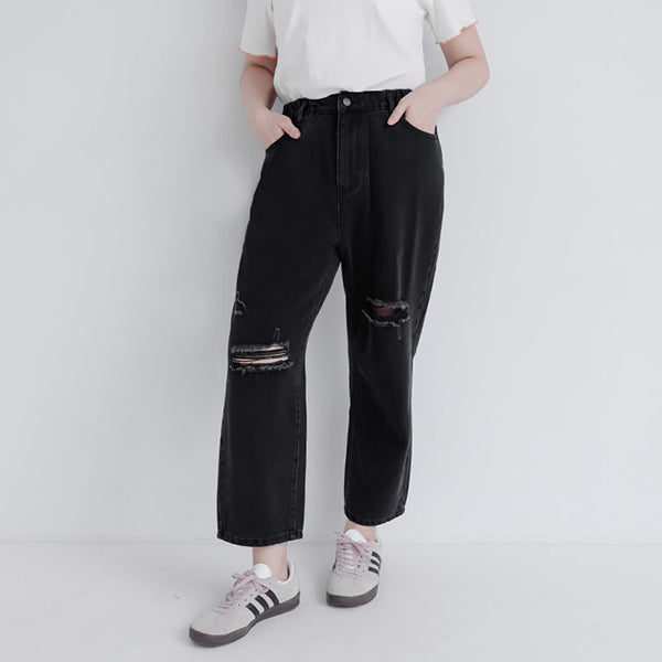 Distressed Side Elastic Waist Plus Size Boyfriend Jeans