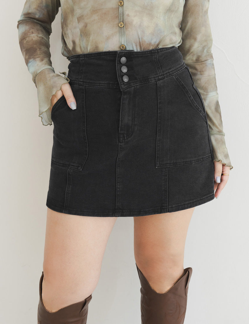 MUA! Ultra Stretch High Waist Washed Denim Plus Size Mini Skirt (With Pants)