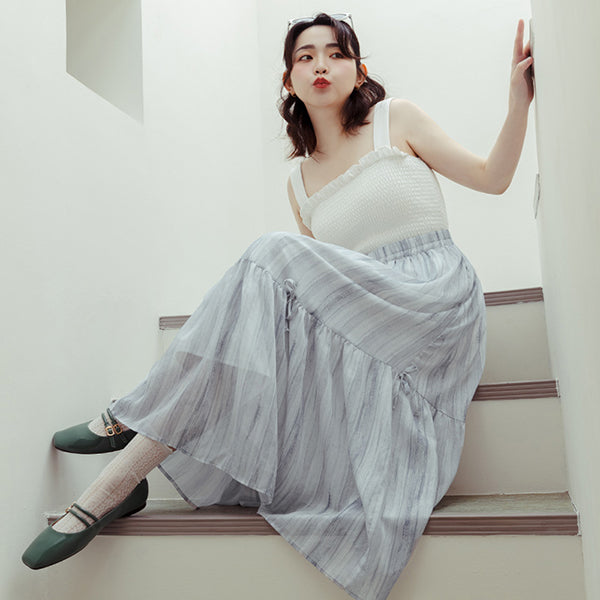 Tie-Dye Bow Detail Elastic Flare Plus Size Maxi Skirt