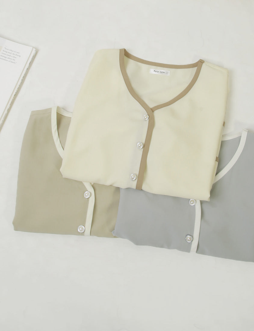 MISS. Elegant Contrast Trim Pearl Button Plus Size Top