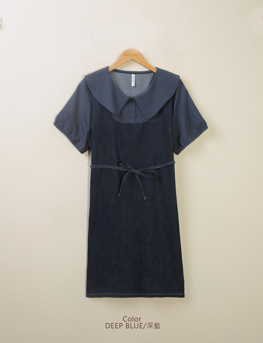 Faux Two-Piece Denim Collar Waist-Tie Plus Size Dress