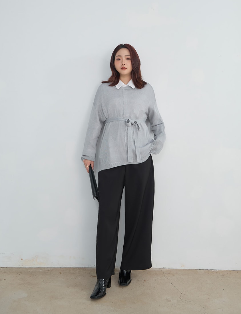 MISS. Korean Sheer Knit Plus Size Long Sleeve Top (with Waist Tie)