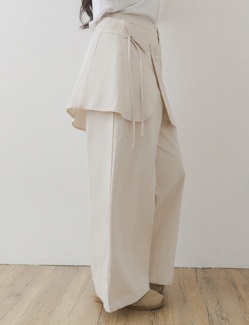 Layered Twill Plus Size Wide-Leg Pants (with Skirt Panel)