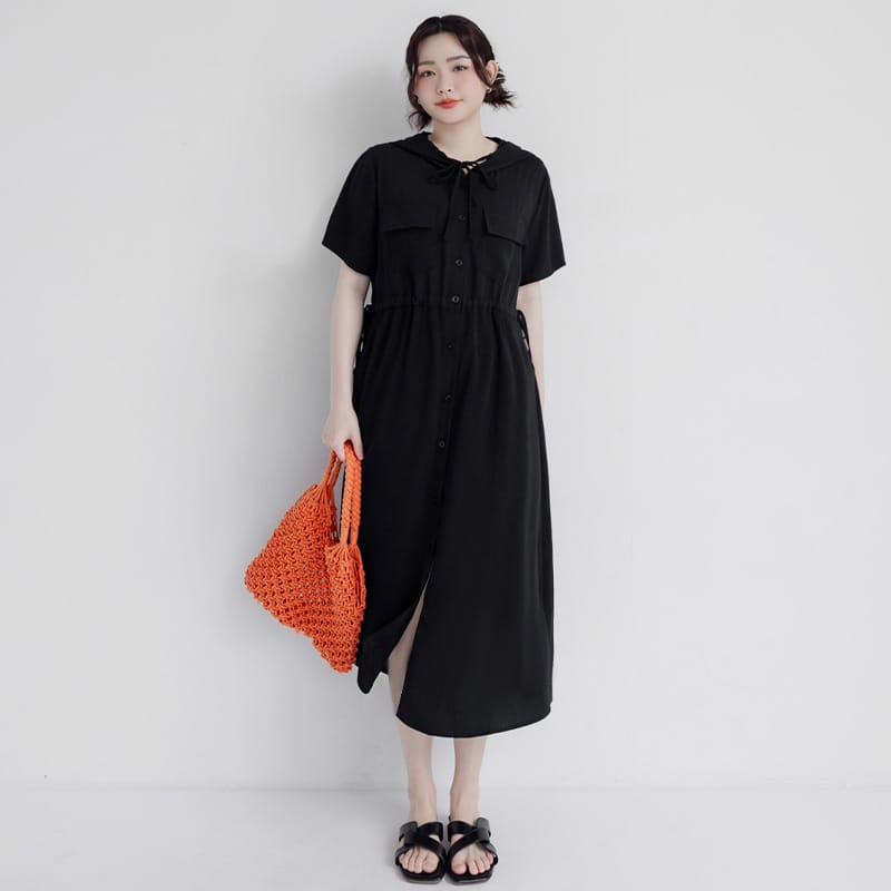 Cargo Hooded Button-Up Plus Size Maxi Dress