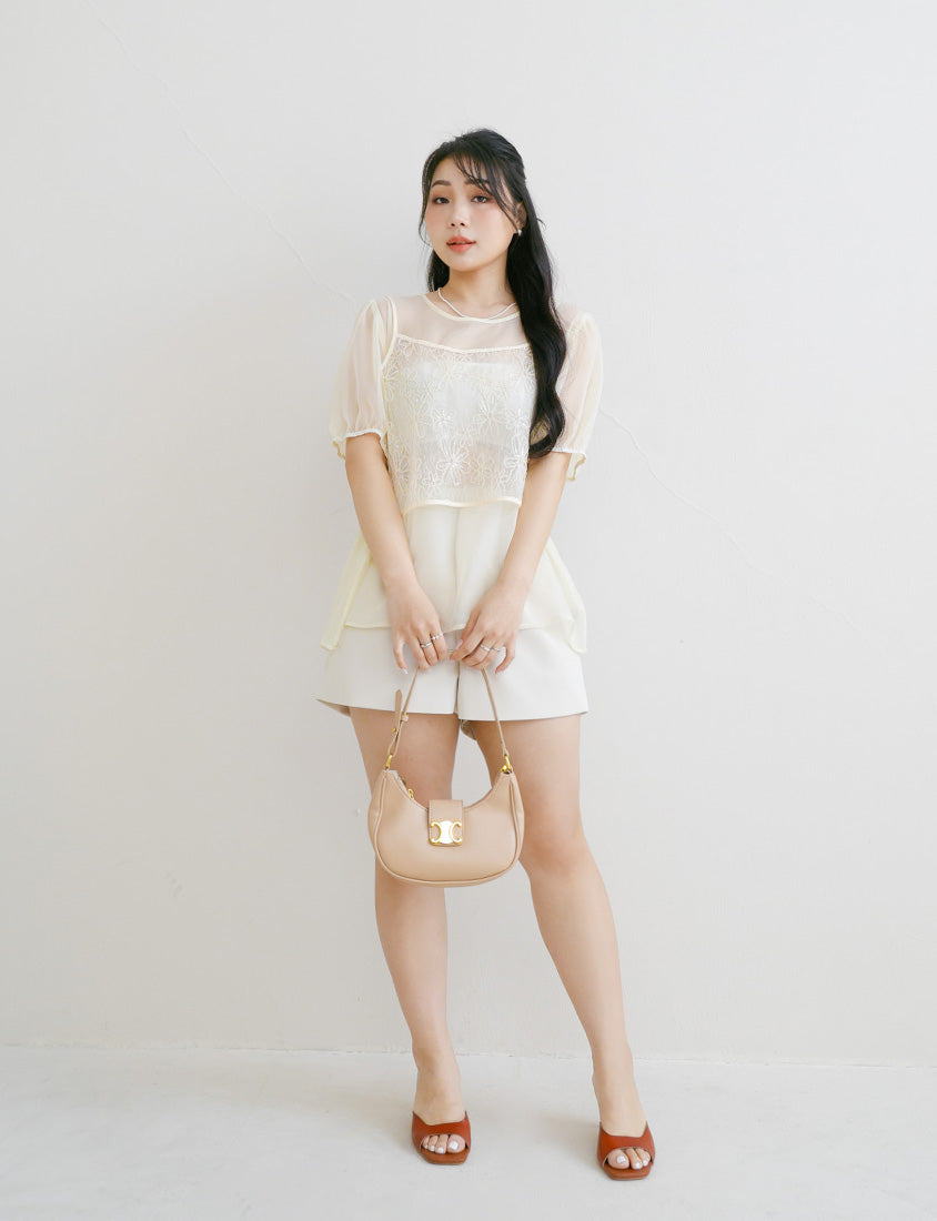 MISS. Sheer Textured Round Neck Puff-Sleeve Plus Size Blouse