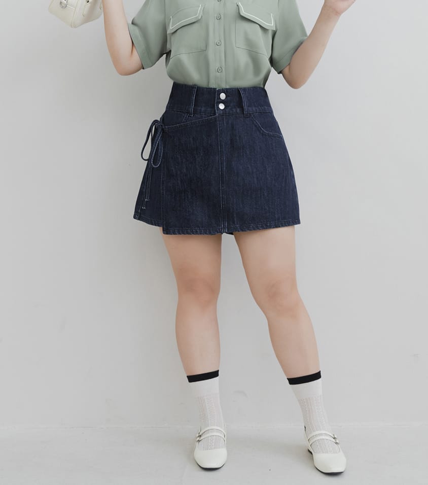 High-Waist Double Button Asymmetric Tie Plus Size Skort