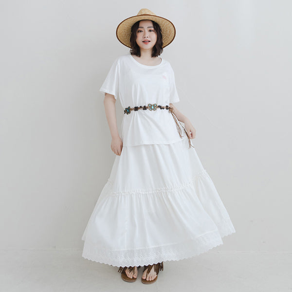 Korean Style Flowy Lace Trim Tiered Plus Size Maxi Skirt