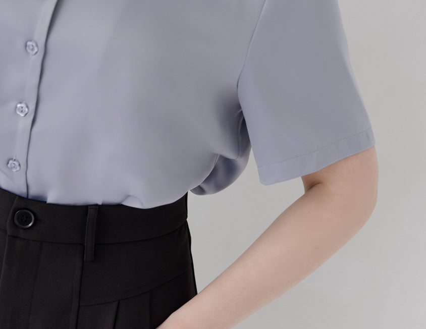 MISS. Glossy Satin Cuban Collar Plus Size Shirt With Floral Buttons
