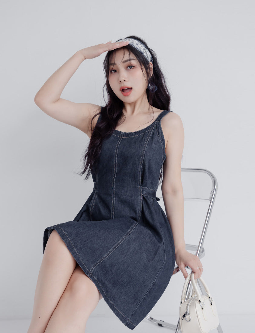 Adjustable Back Elastic Waist Plus Size Denim Mini Dress