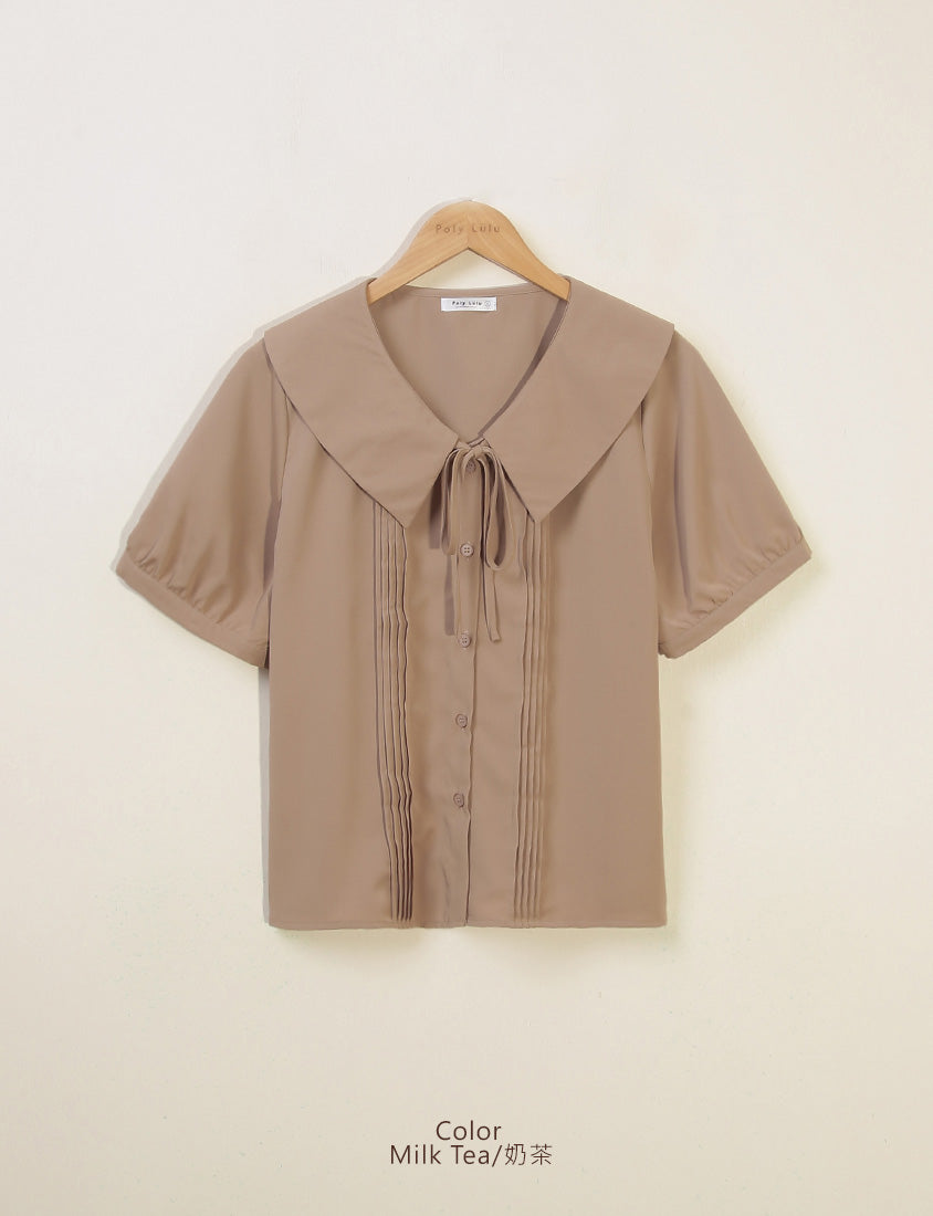MISS. Sweet Pleated Lapel Collar Plus Size Puff Sleeve Blouse