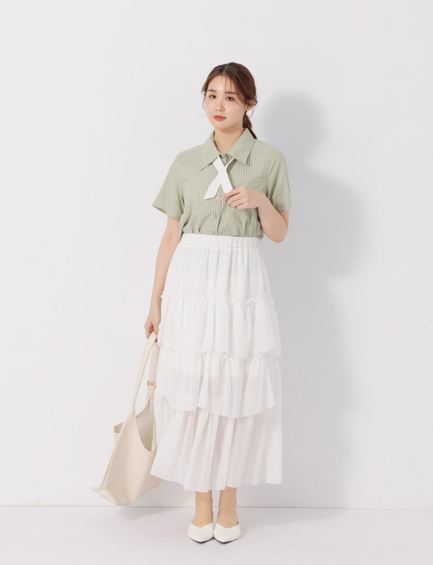 MISS. Preppy Contrast Stripe Plus Size Short Sleeve Shirt (With Neck Tie)