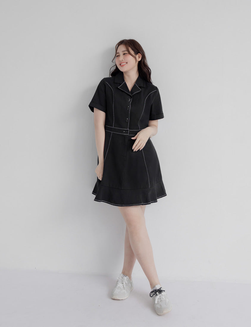 Twill Cuban Collar Cargo Ruffle Hem Plus Size Mini Dress
