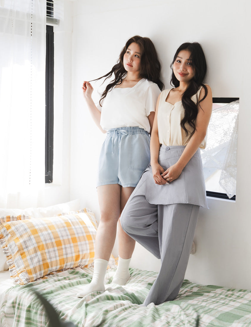 Layered Twill Plus Size Wide-Leg Pants (with Skirt Panel)