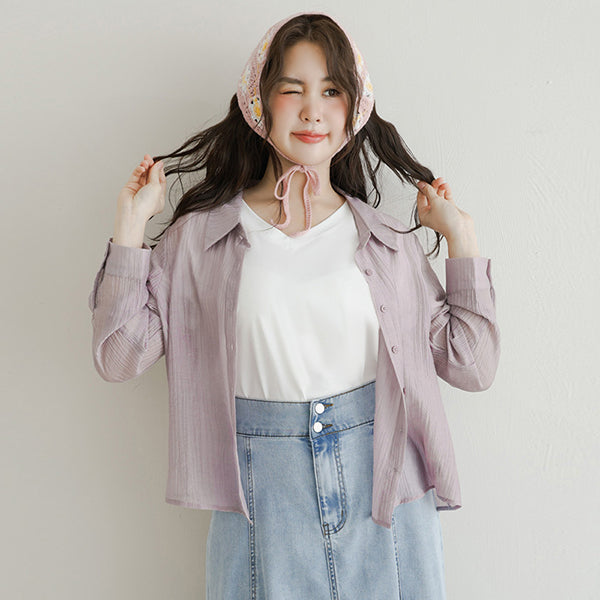 Crinkled Texture Sheer Tie-Back Plus Size Long Sleeve Shirt
