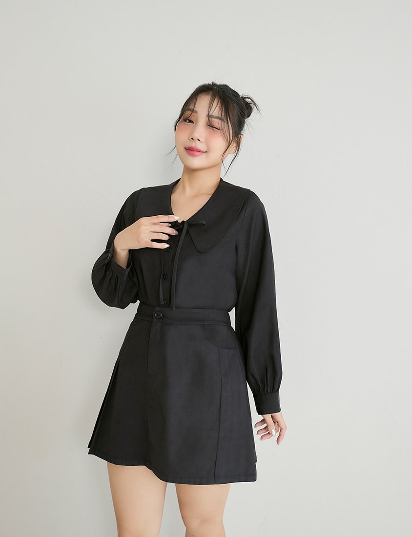 Sweet Multicolor Collar Tie Puff Sleeve Plus Size Shirt