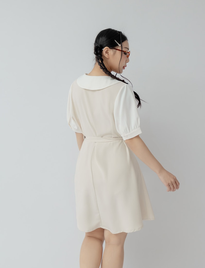 Layered-Look Contrast Collar Plus Size Mini Dress (with Belt)
