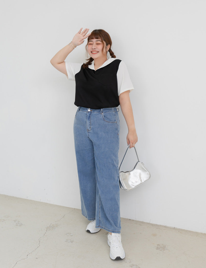 Space Cotton Sailor Collar Faux Two-Piece Plus Size Top