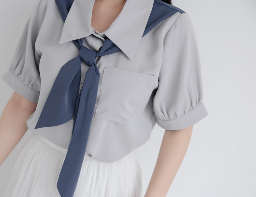 MISS. Faux Two-Piece Color-Block Bow Puff Sleeve Plus Size Blouse