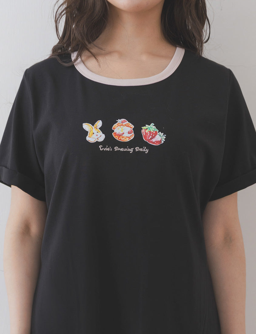 Contrast Crew Neck Hand-Drawn Print Plus Size Dress (Illustrator Collaboration)