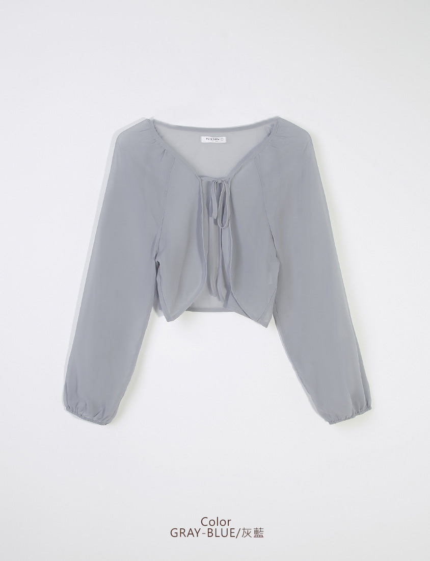 Japanese Style Puff Sleeve Tie Sheer Cropped Plus Size Cover-Up