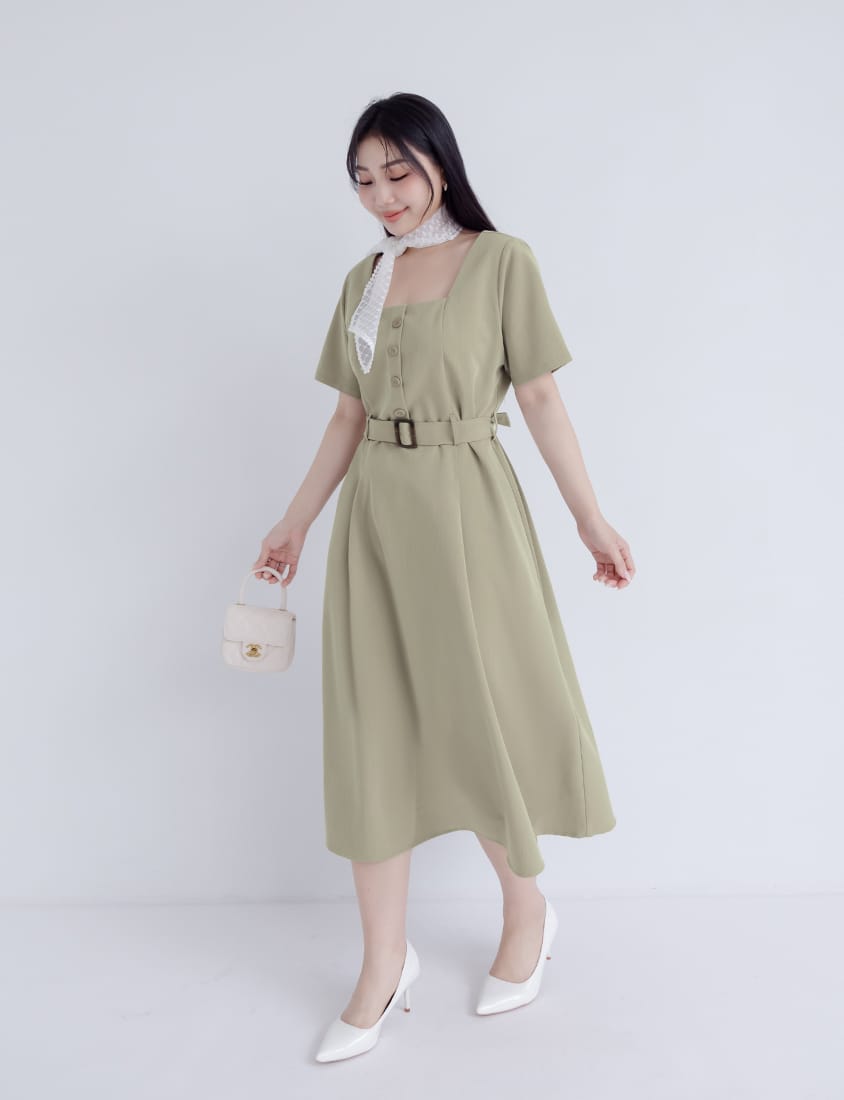 MISS. Square Neck Faux Button Elegant Plus Size Long Dress (With Belt)