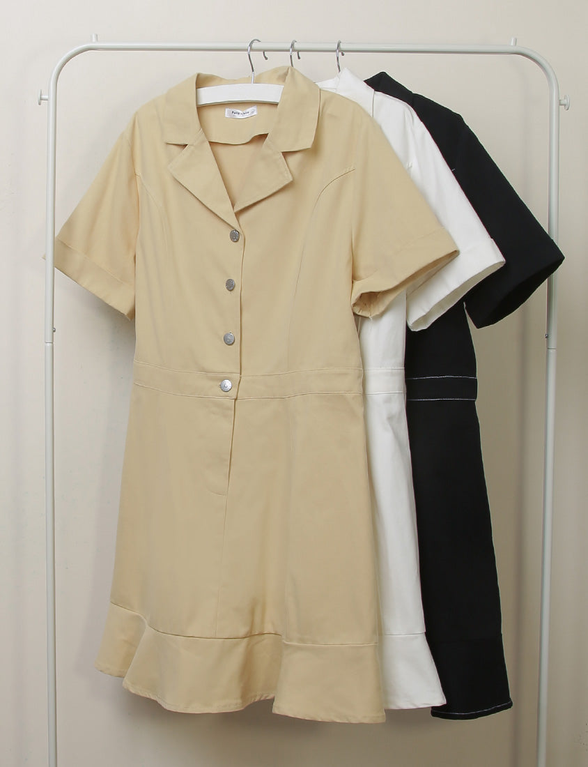 Twill Cuban Collar Cargo Ruffle Hem Plus Size Mini Dress