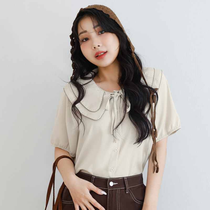 Double Layer Collar Tie Puff Sleeve Plus Size Blouse