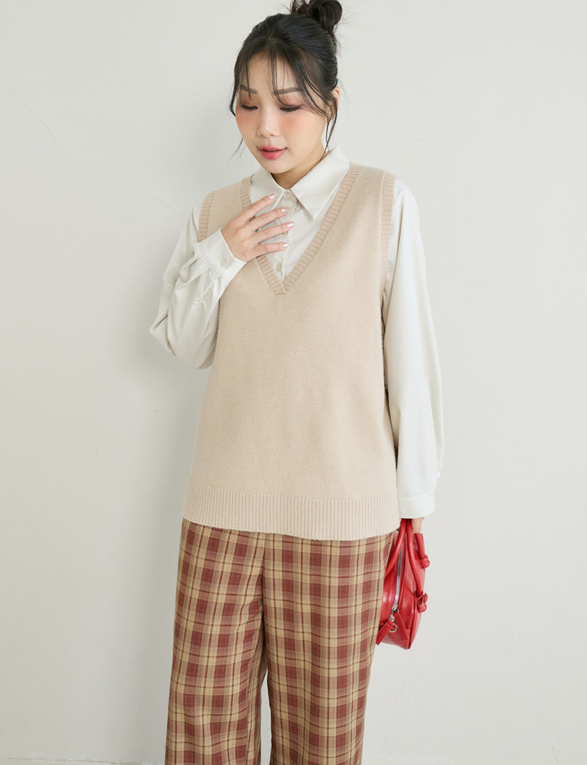 Versatile Multicolor V-Neck Mid-Length Plus Size Knit Vest