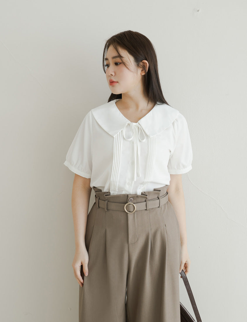 MISS. Sweet Pleated Lapel Collar Plus Size Puff Sleeve Blouse