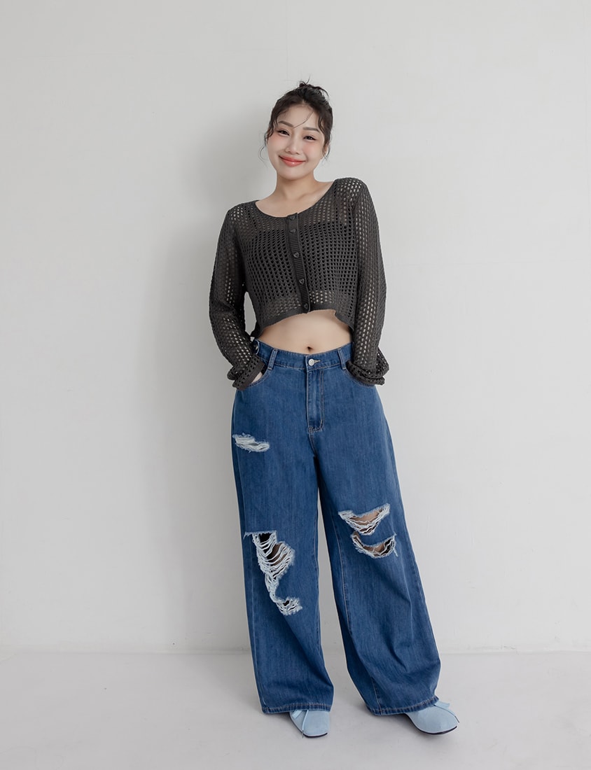 Knit Eyelet Hollow Faux Button Plus Size Top