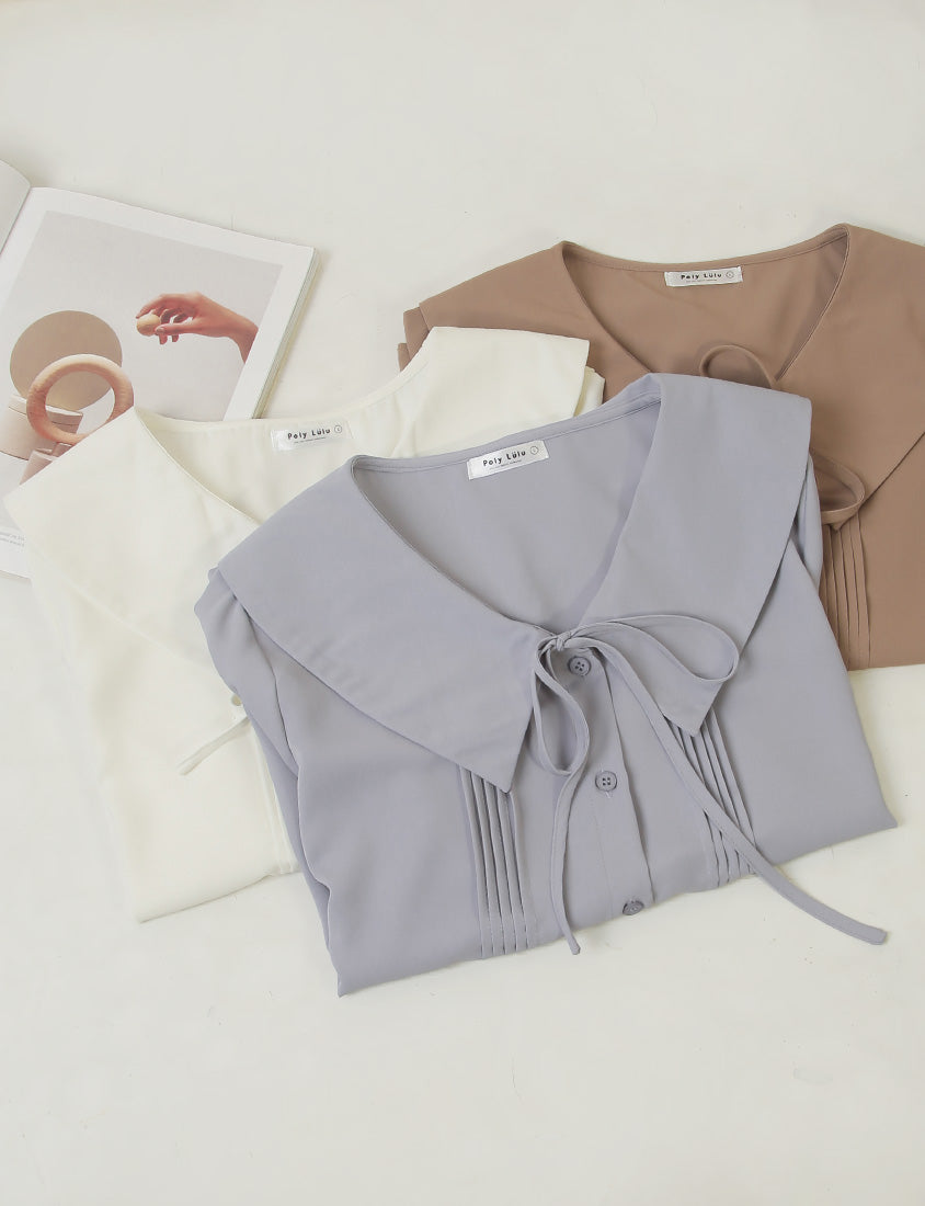 MISS. Sweet Pleated Lapel Collar Plus Size Puff Sleeve Blouse